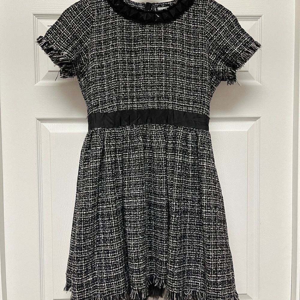 Esther’s Archive Retro Black Tweed Tulle & Fringe Back Zip Dress sz M EUC